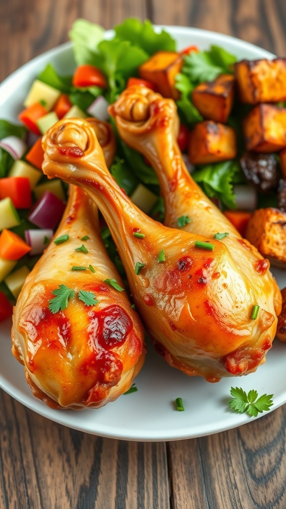 Golden-brown oven-baked chicken drumsticks on a plate with herbs and vegetables.